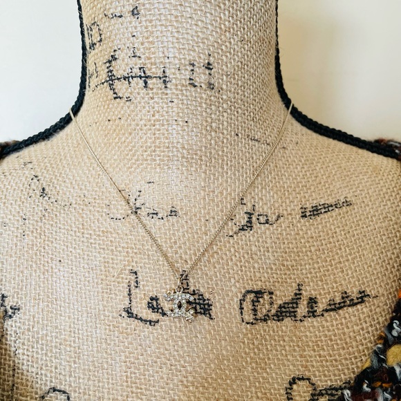 Chanel classic Gold Tone Timeless CC Crystal Pendant Necklace - Picture 7 of 15